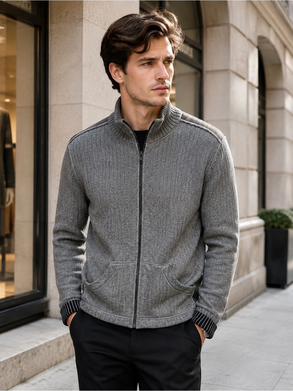 Rogue 13933 Mens Grey Front Zip Mohair Blend Raw Hem Cardigan Sz M
